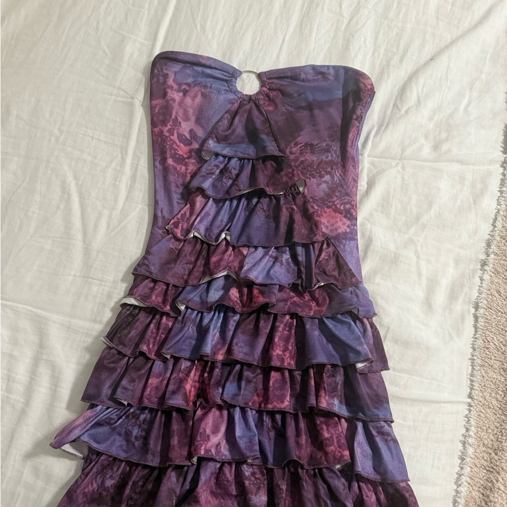 Purple Ruffled Strapless Mini Dress